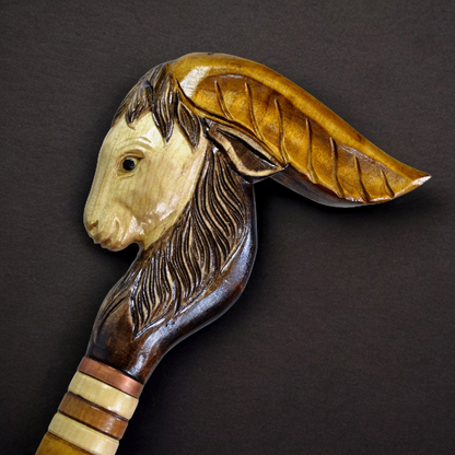 Rustic Goat Cane: Hand-Carved Wood Walking Stick