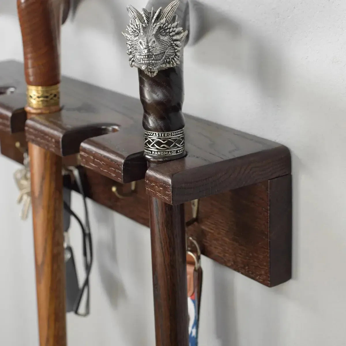Solid Oak Wall Cane Holder – 5 Slot Rack in 9 Custom Colors | Handmade