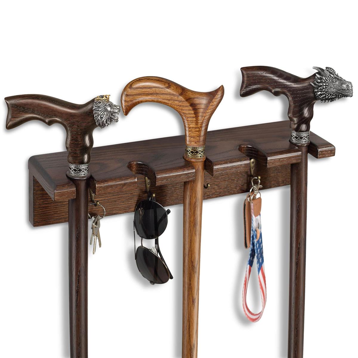 Solid Oak Wall Cane Holder – 5 Slot Rack in 9 Custom Colors | Handmade