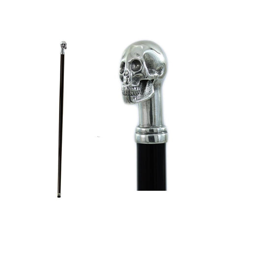 Solid Pewter Skull Handle Cane Or Walking Stick