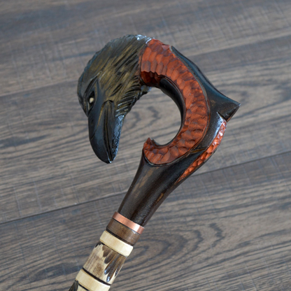 Unique Hand Carved Stylized Raven Handle Walking Stick