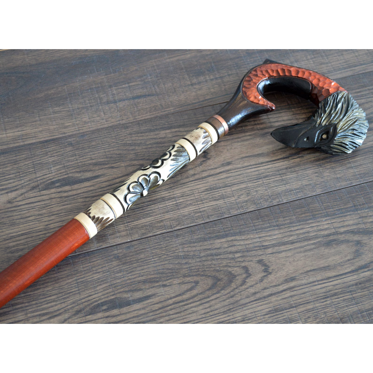 Unique Hand Carved Stylized Raven Handle Walking Stick