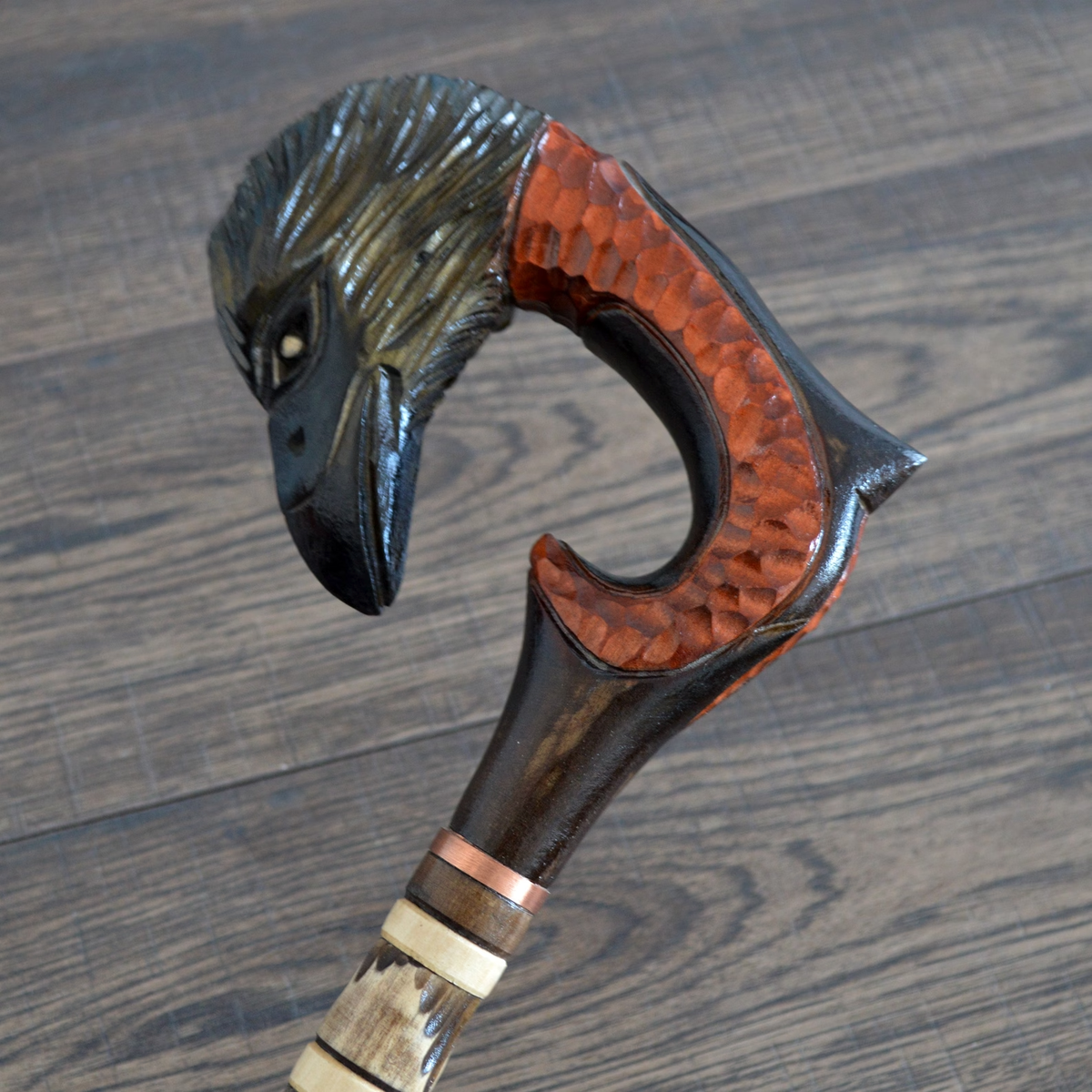 Unique Hand Carved Stylized Raven Handle Walking Stick