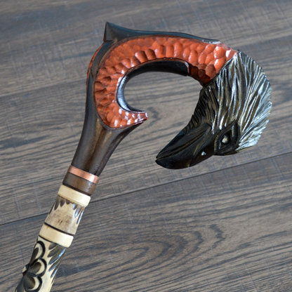 Unique Hand Carved Stylized Raven Handle Walking Stick