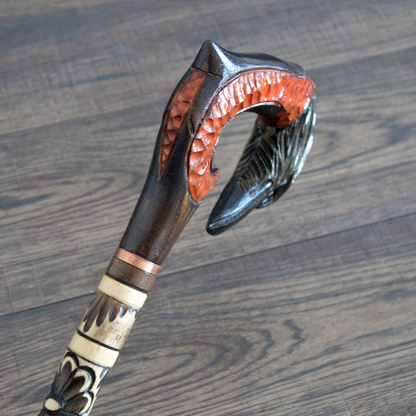 Unique Hand Carved Stylized Raven Handle Walking Stick