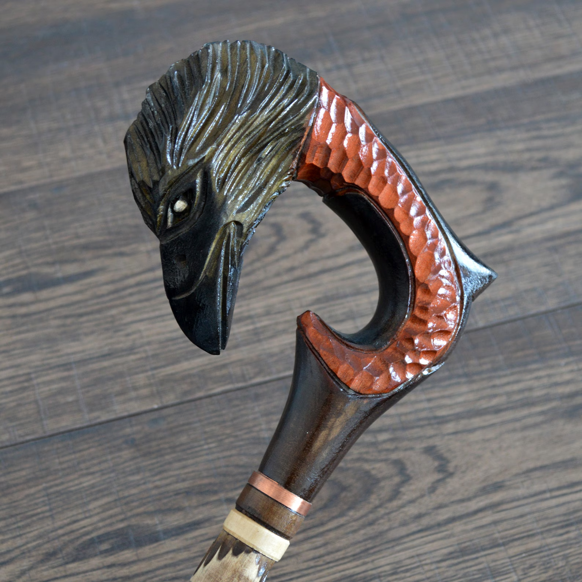 Unique Hand Carved Stylized Raven Handle Walking Stick