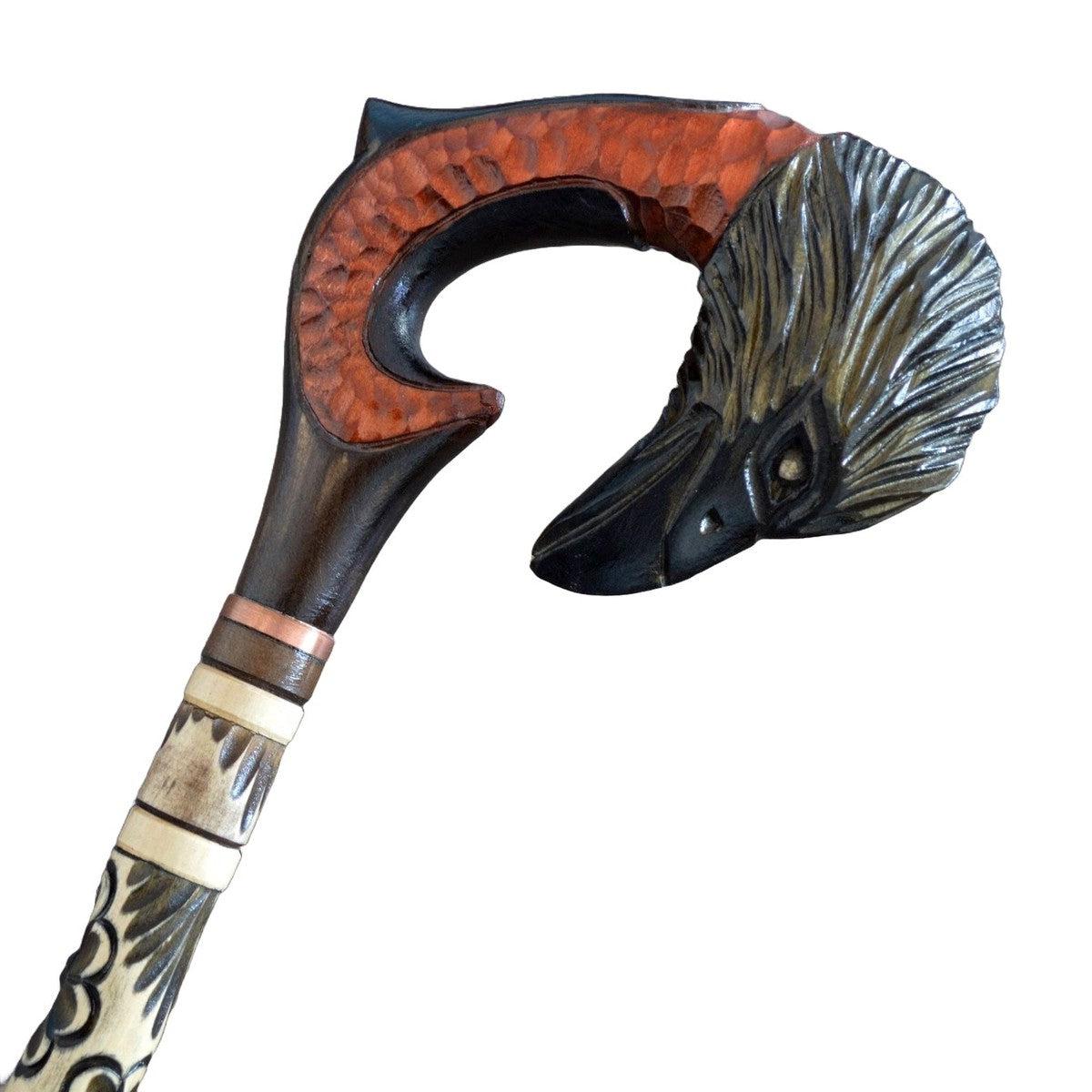 Unique Hand Carved Stylized Raven Handle Walking Stick