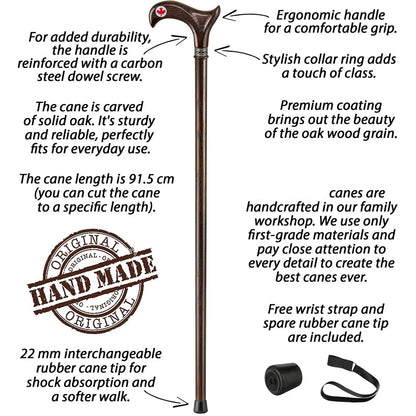 Canadian Maple Leaf Walking Cane – Handcrafted Solid Oak