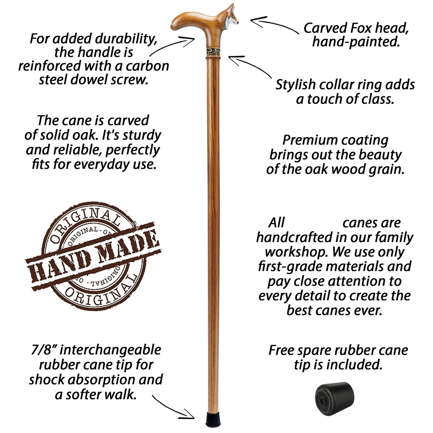 Fox head walking cane solid oak construction and reinforced design details