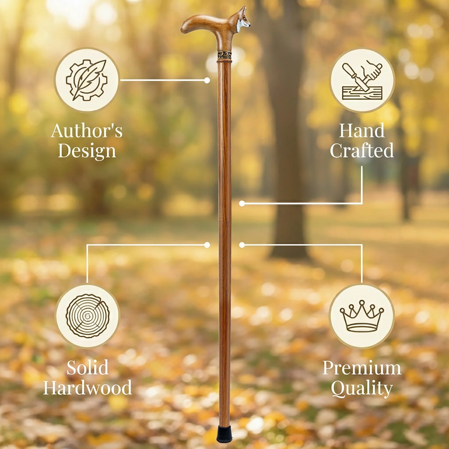 Fox head walking cane solid oak handcrafted design features