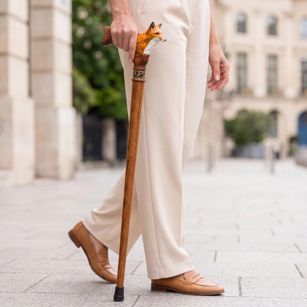Hand-Painted Fox Head Walking Cane – Hand-Carved Solid Oak
