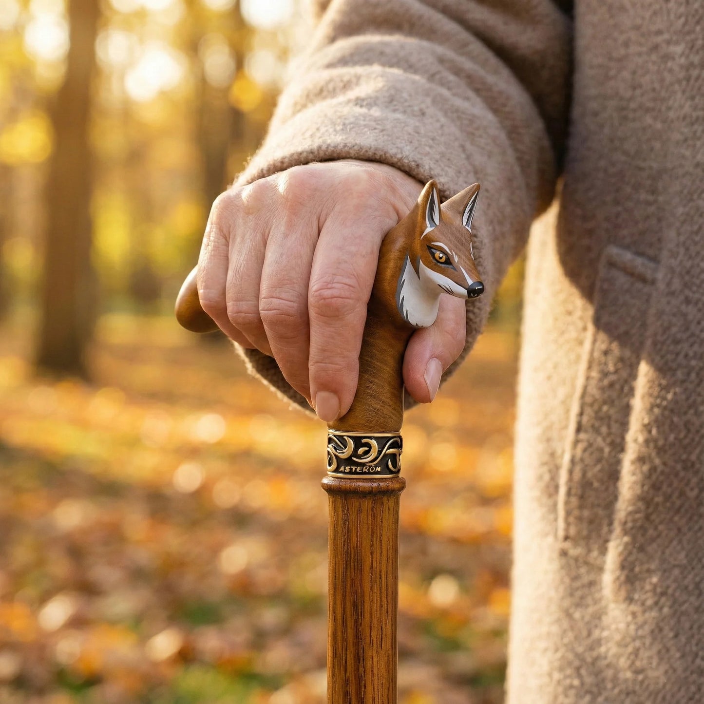Ergonomic fox head cane handle showing natural hand grip position