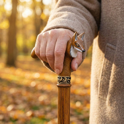 Ergonomic fox head cane handle showing natural hand grip position