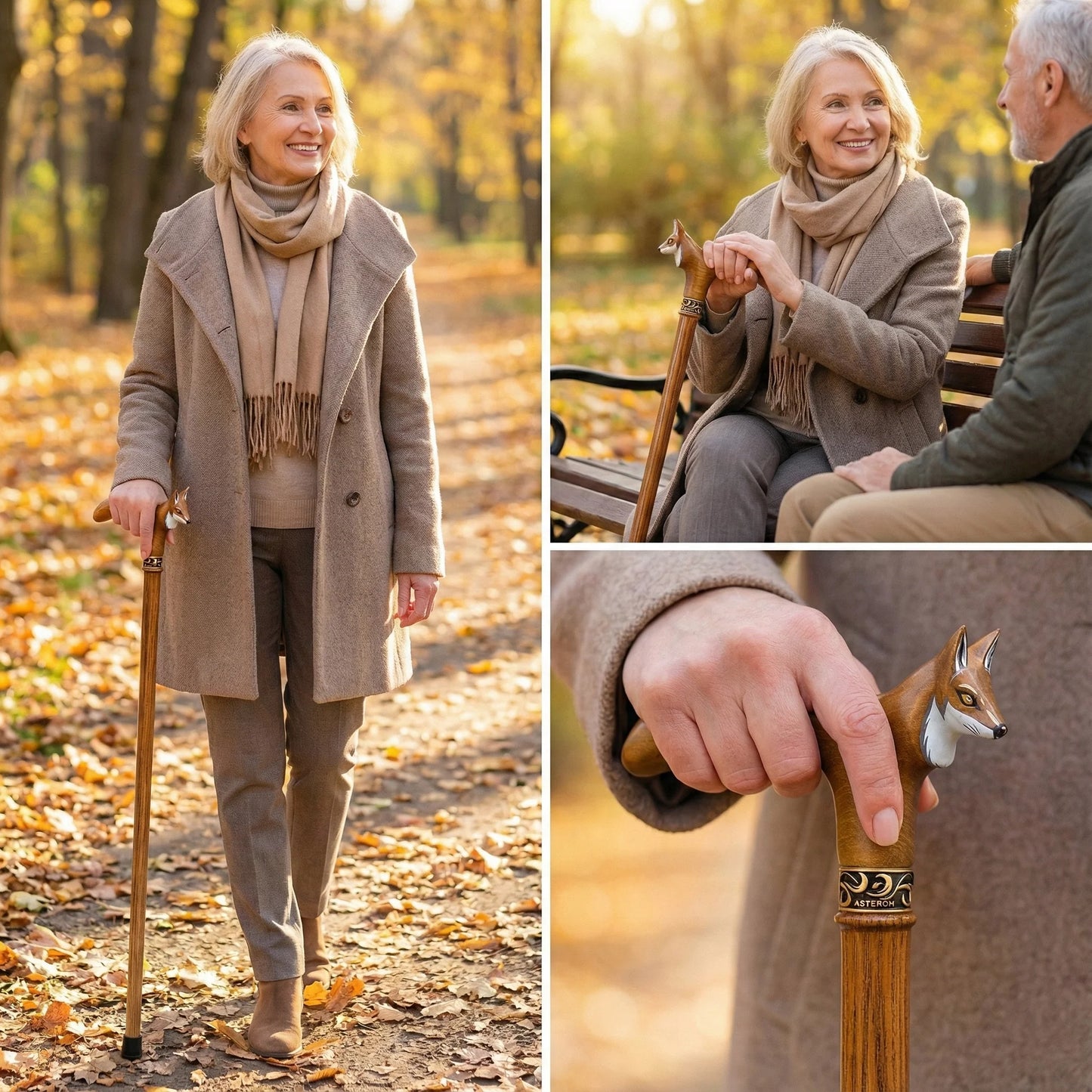Woman using fox head wooden walking cane outdoors lifestyle image