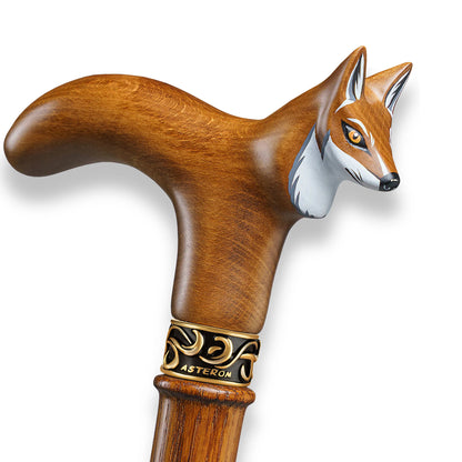 Hand carved and hand painted fox head cane handle detailed craftsmanship