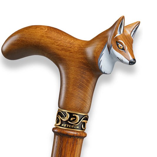 Hand carved and hand painted fox head cane handle detailed craftsmanship