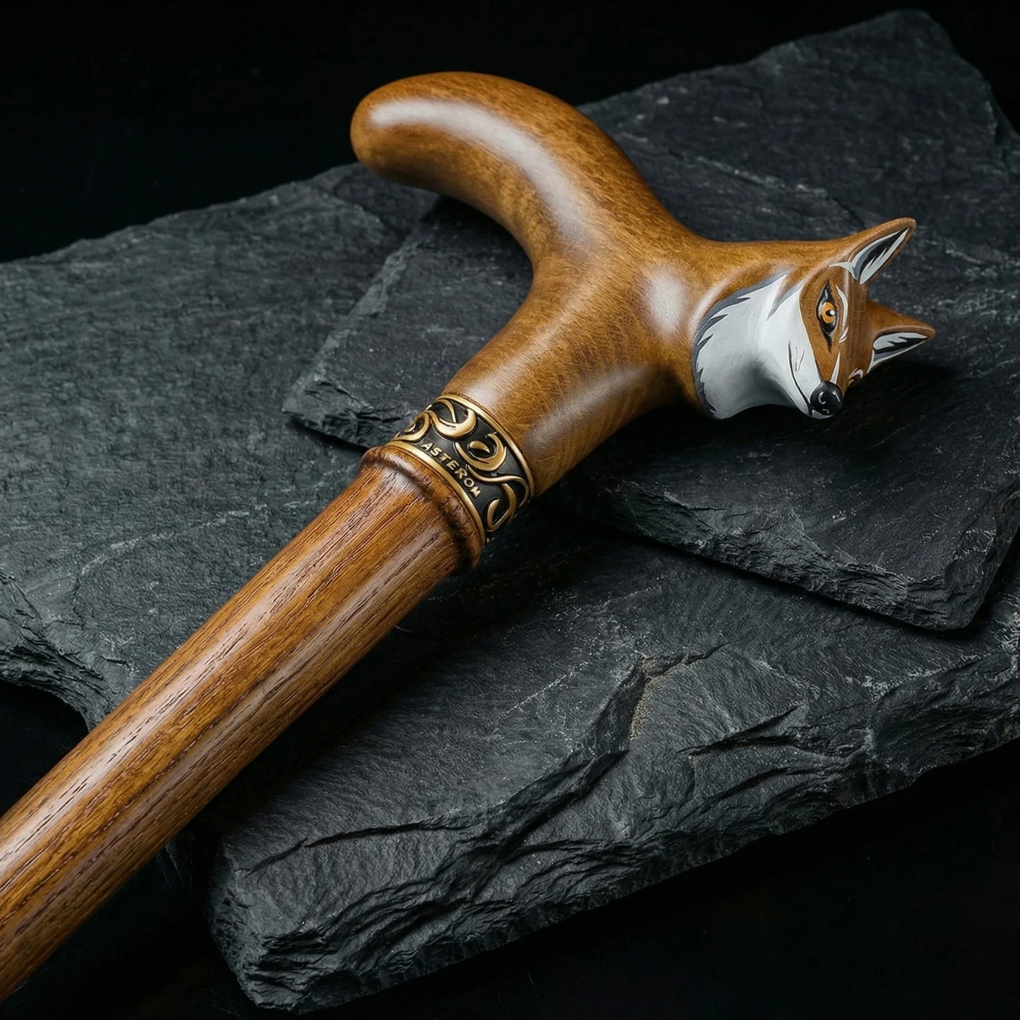 Premium fox head walking cane wood grain and collar detail close-up