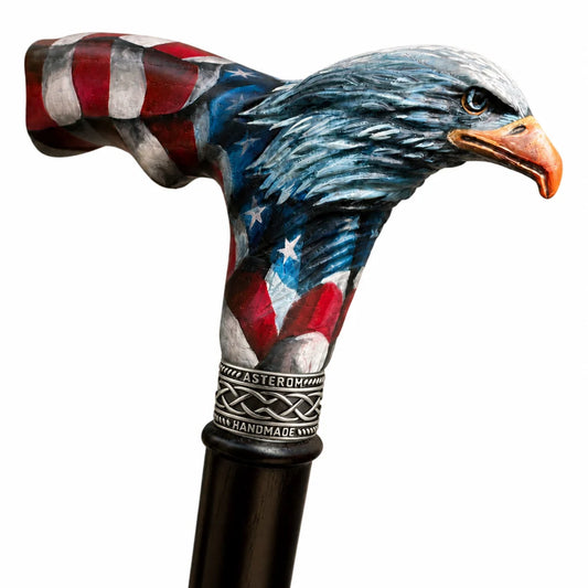 Hand-Carved Bald Eagle Walking Cane – Hand-Painted USA Flag