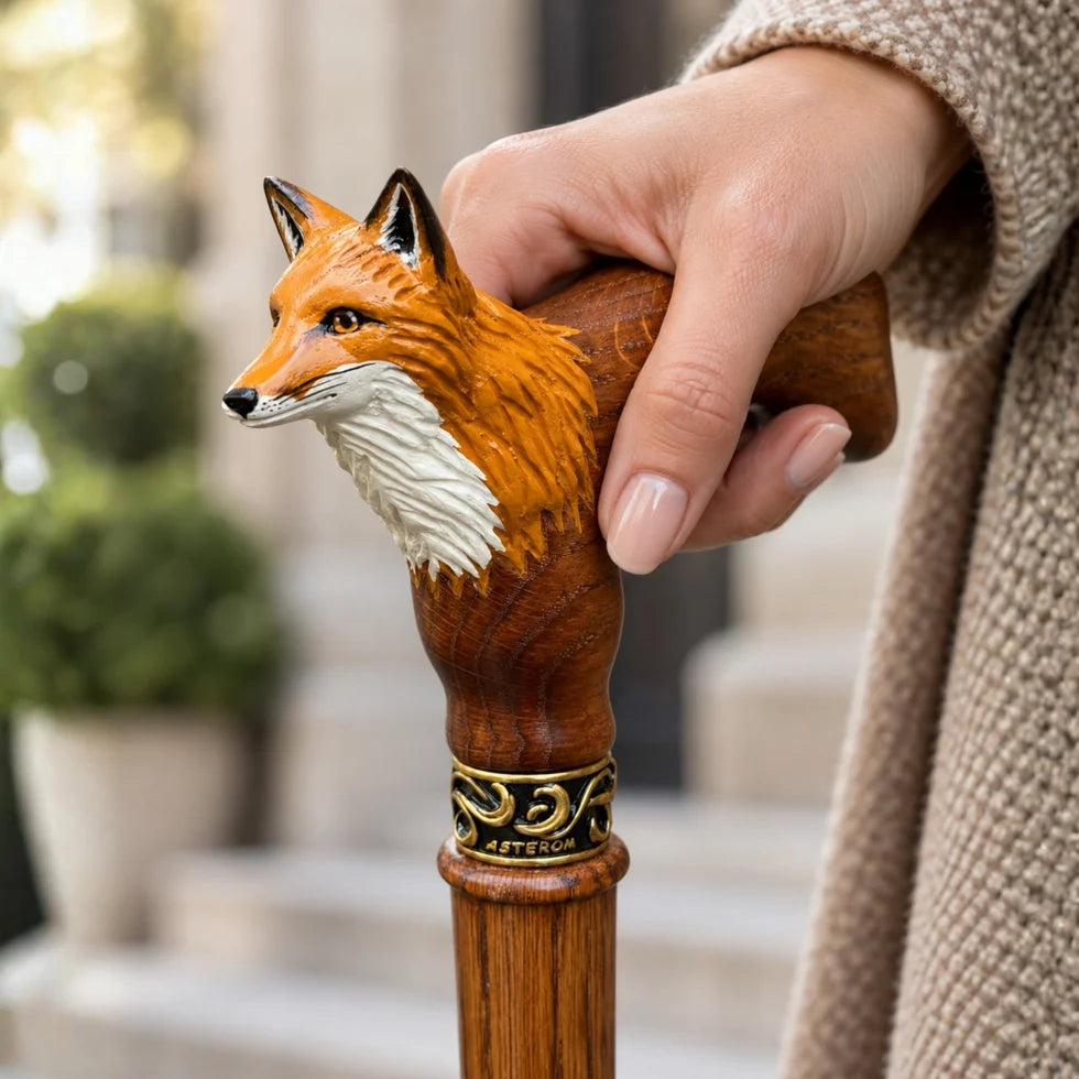 Hand-Painted Fox Head Walking Cane – Hand-Carved Solid Oak