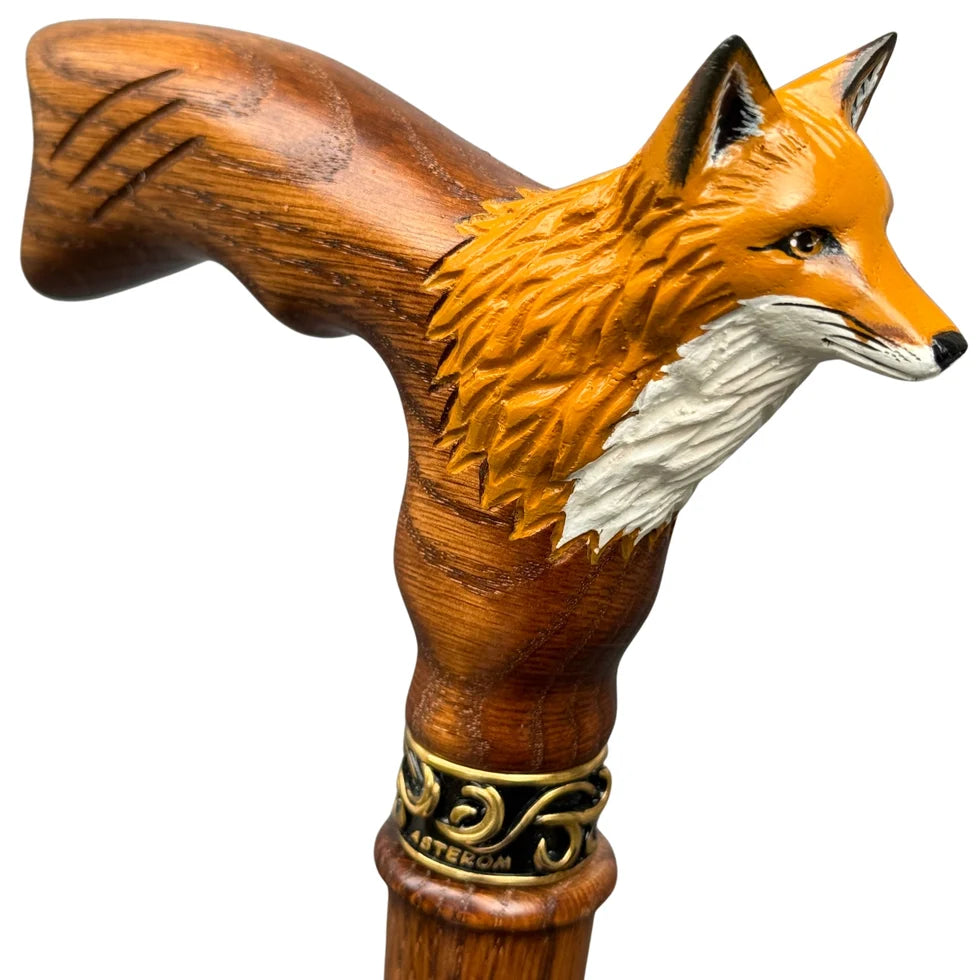 Hand-Painted Fox Head Walking Cane – Hand-Carved Solid Oak