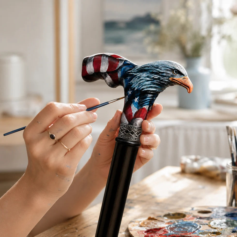 Hand-Carved Bald Eagle Walking Cane – Hand-Painted USA Flag