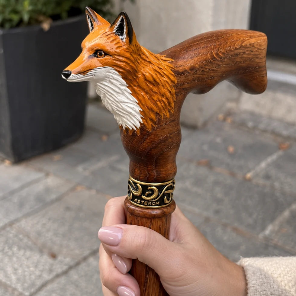 Hand-Painted Fox Head Walking Cane – Hand-Carved Solid Oak