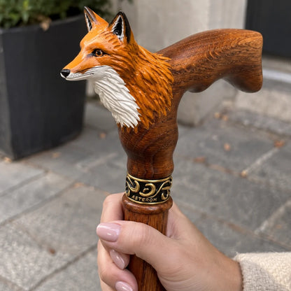 Hand-Painted Fox Head Walking Cane – Hand-Carved Solid Oak