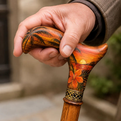 Hand-Painted Tropical Sunset Walking Cane – Solid Oak