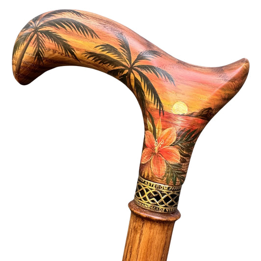 Hand-Painted Tropical Sunset Walking Cane – Solid Oak