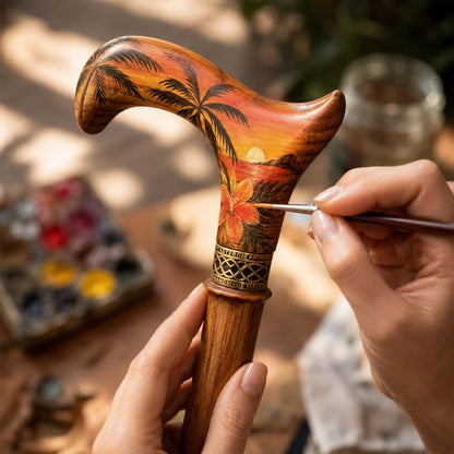 Hand-Painted Tropical Sunset Walking Cane – Solid Oak