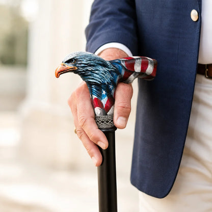 Hand-Carved Bald Eagle Walking Cane – Hand-Painted USA Flag