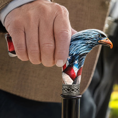 Hand-Carved Bald Eagle Walking Cane – Hand-Painted USA Flag