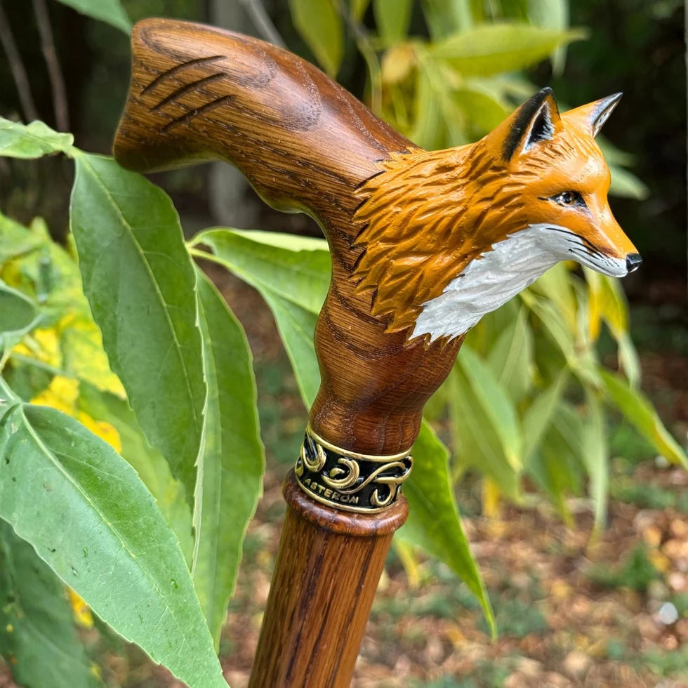 Hand-Painted Fox Head Walking Cane – Hand-Carved Solid Oak