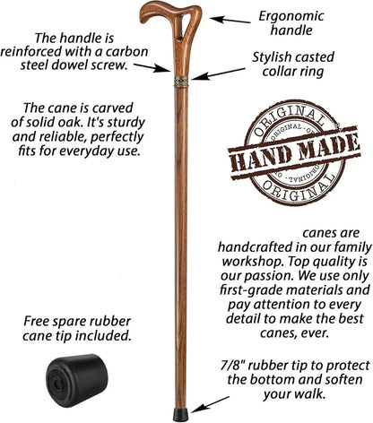 Hand-Carved Ergonomic Walking Cane – Solid Oak Open-Grip Handle