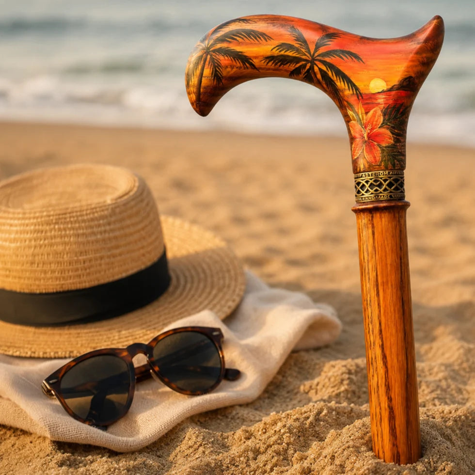 Hand-Painted Tropical Sunset Walking Cane – Solid Oak