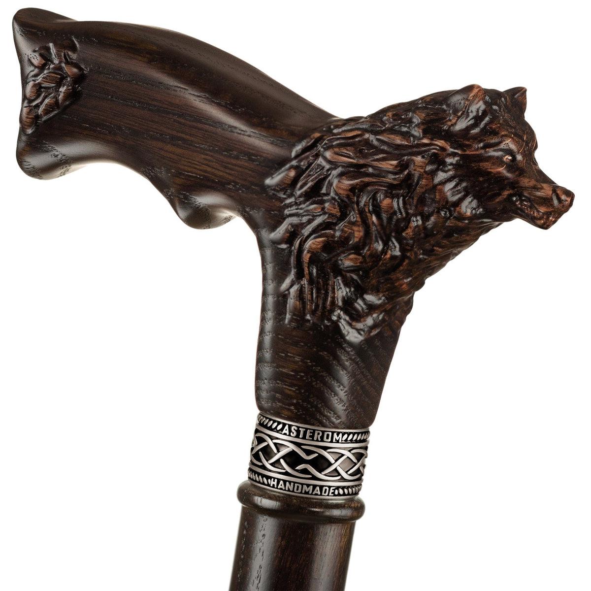 Custom Hand Carved Wooden Wolf Walking Stick or Cane