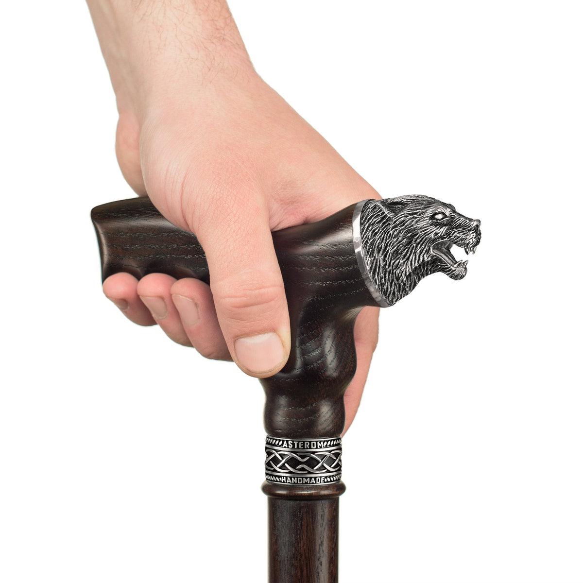 Custom Wooden Oak Hand Made Wolf Cane or Walking Stick