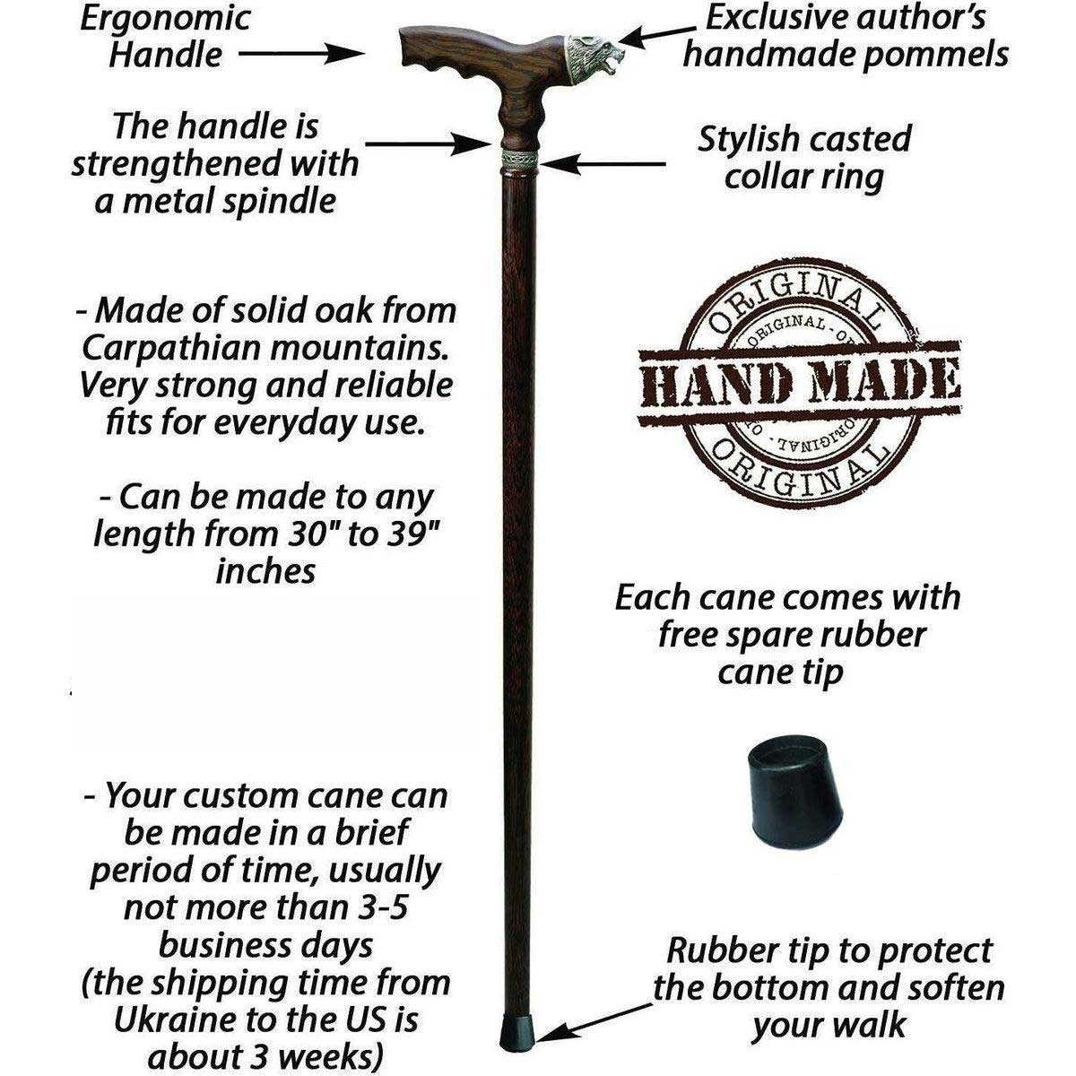 Custom Wooden Oak Hand Made Wolf Cane or Walking Stick