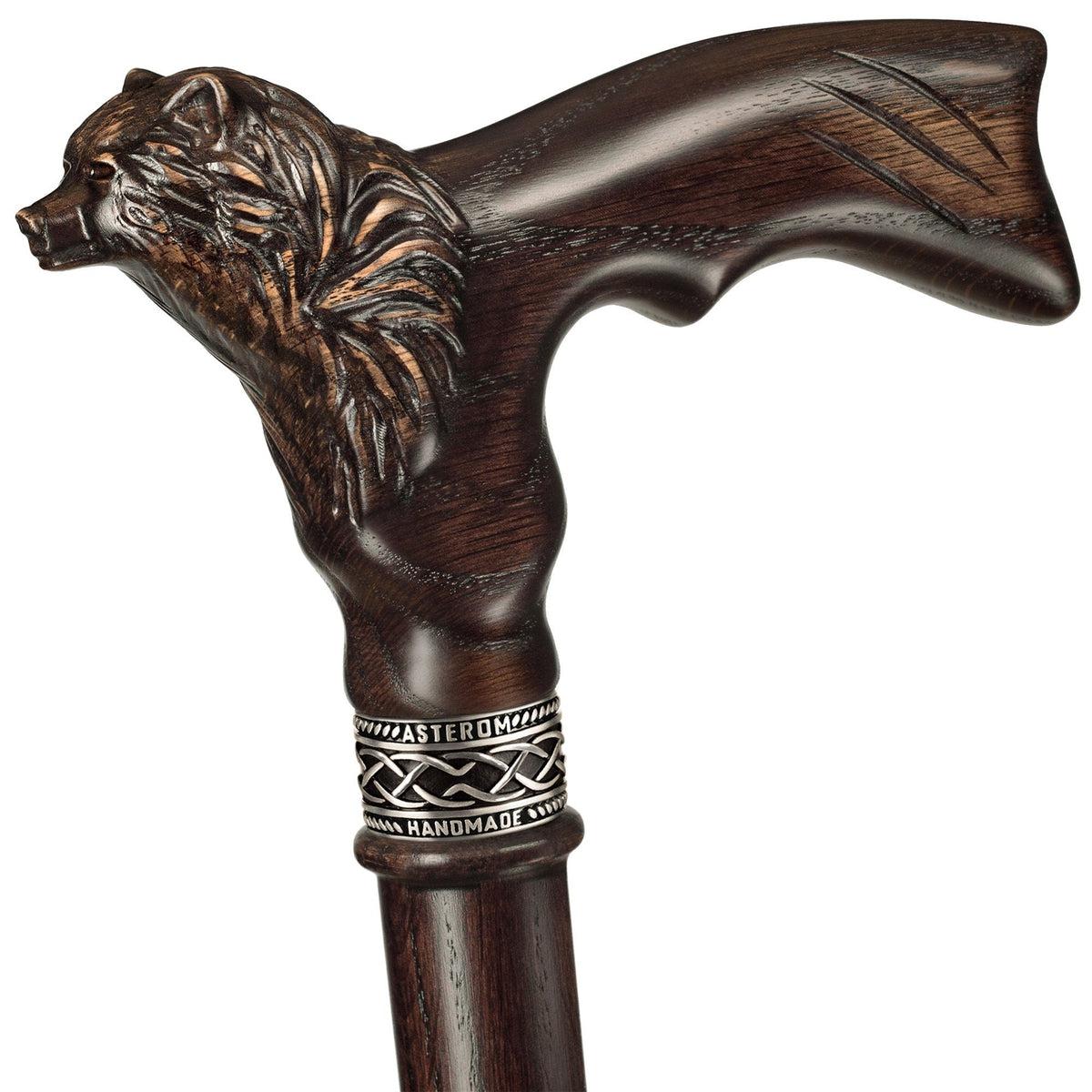 Fashionable Custom Hand Carved Oak Wooden Bear Head Cane or Walking Stick