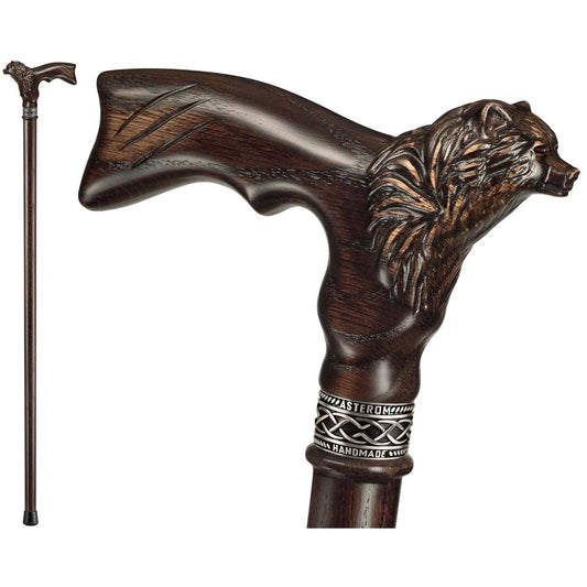 Fashionable Custom Hand Carved Oak Wooden Bear Head Cane or Walking Stick