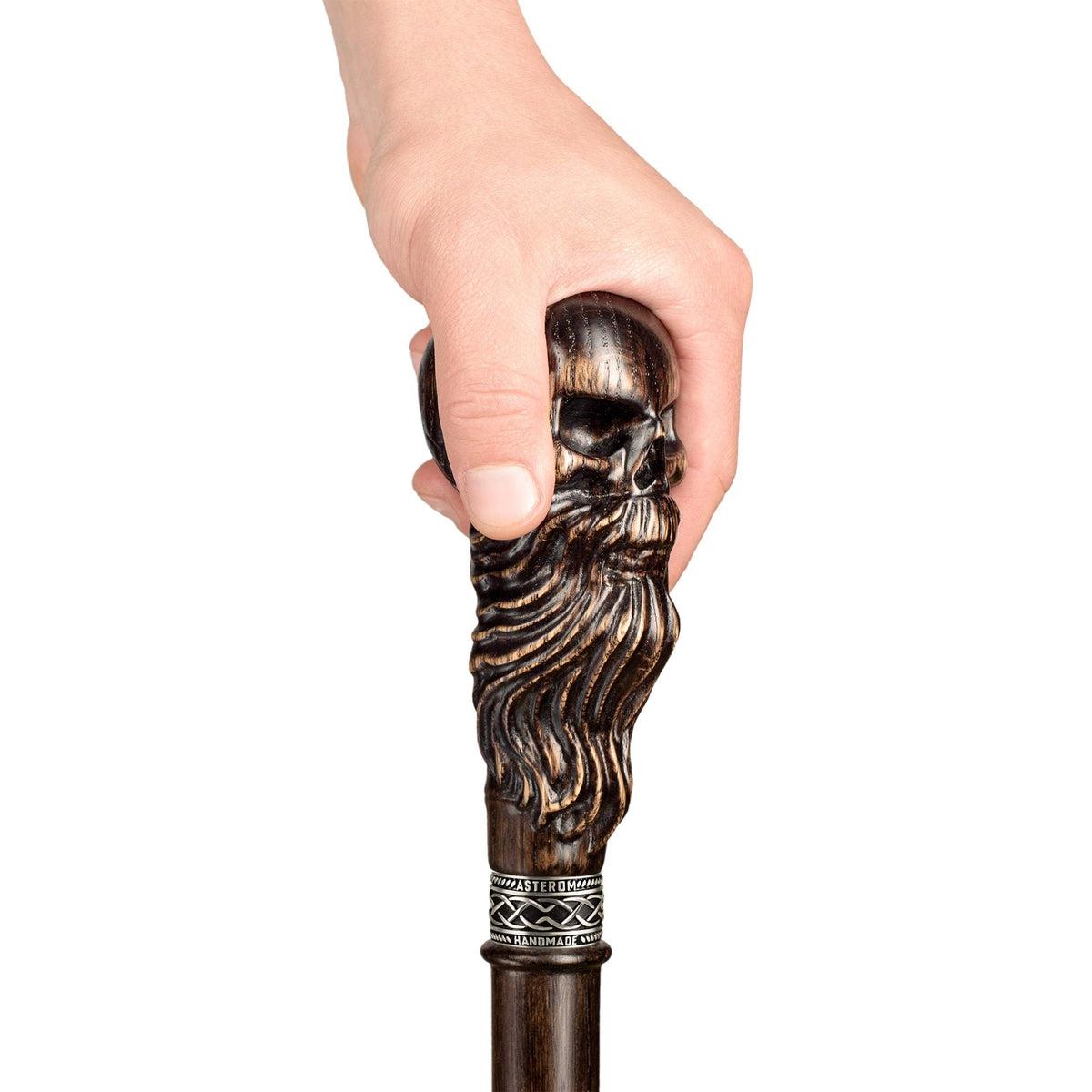 Hand Carved Solid Oak Bearded Skull Walking Cane or Stick