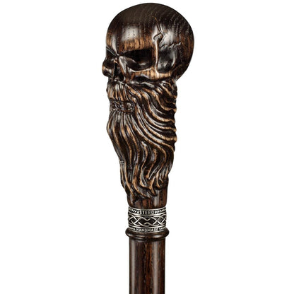 Hand Carved Solid Oak Bearded Skull Walking Cane or Stick