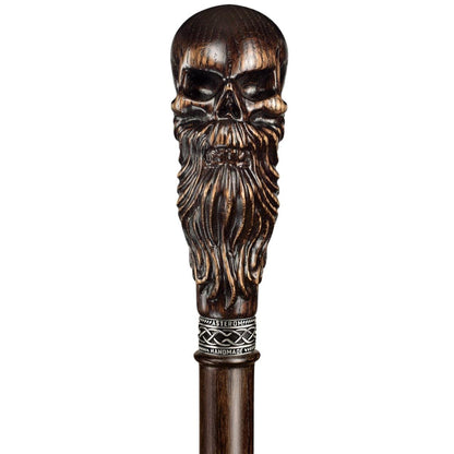 Hand Carved Solid Oak Bearded Skull Walking Cane or Stick