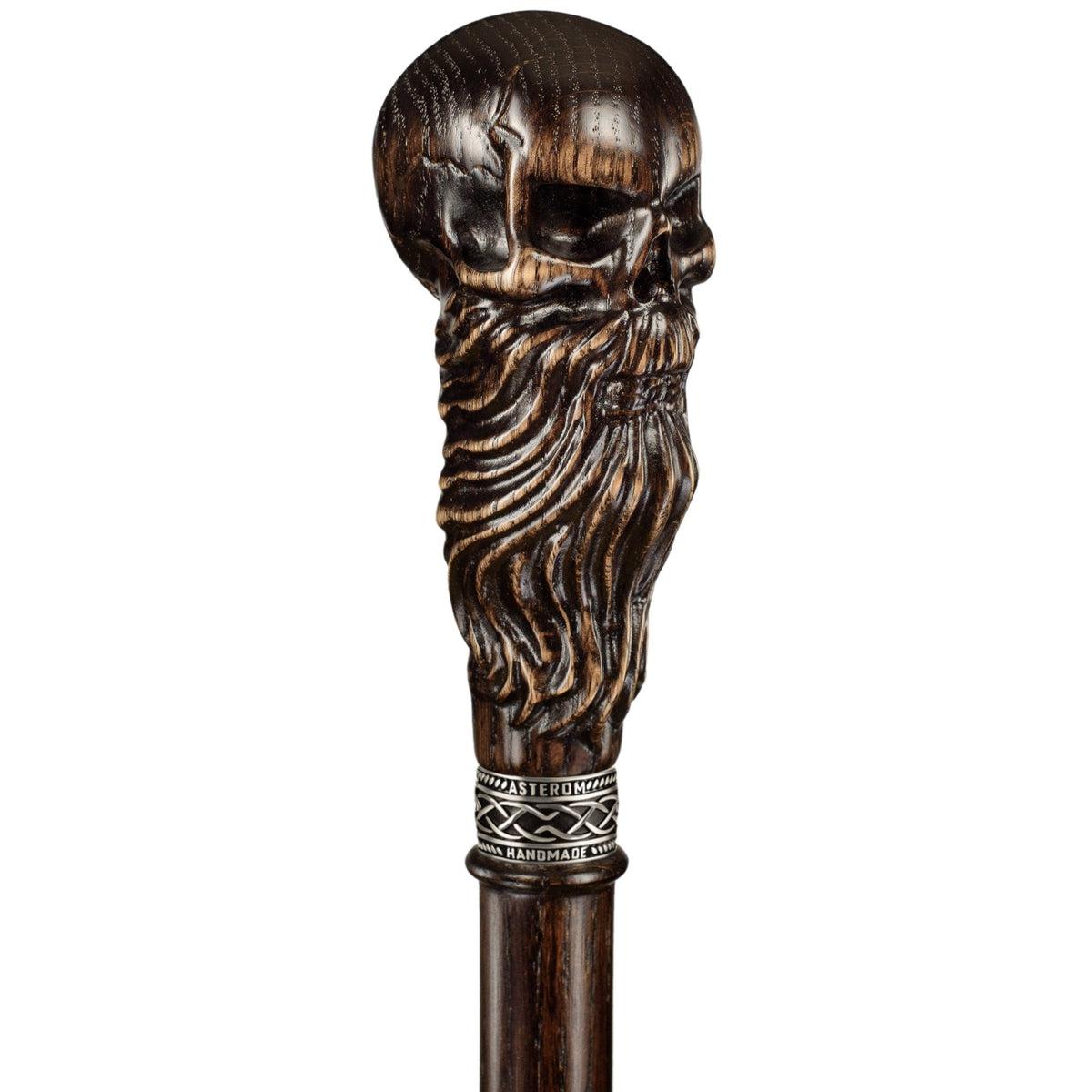 Hand Carved Solid Oak Bearded Skull Walking Cane or Stick