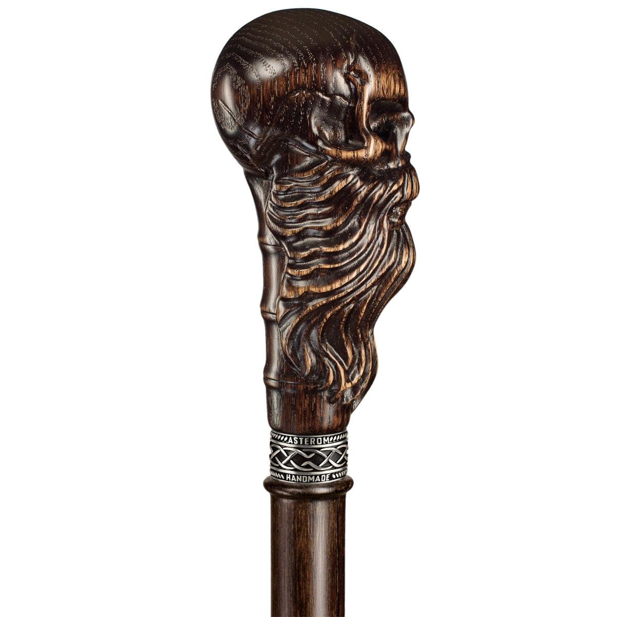 Hand Carved Solid Oak Bearded Skull Walking Cane or Stick