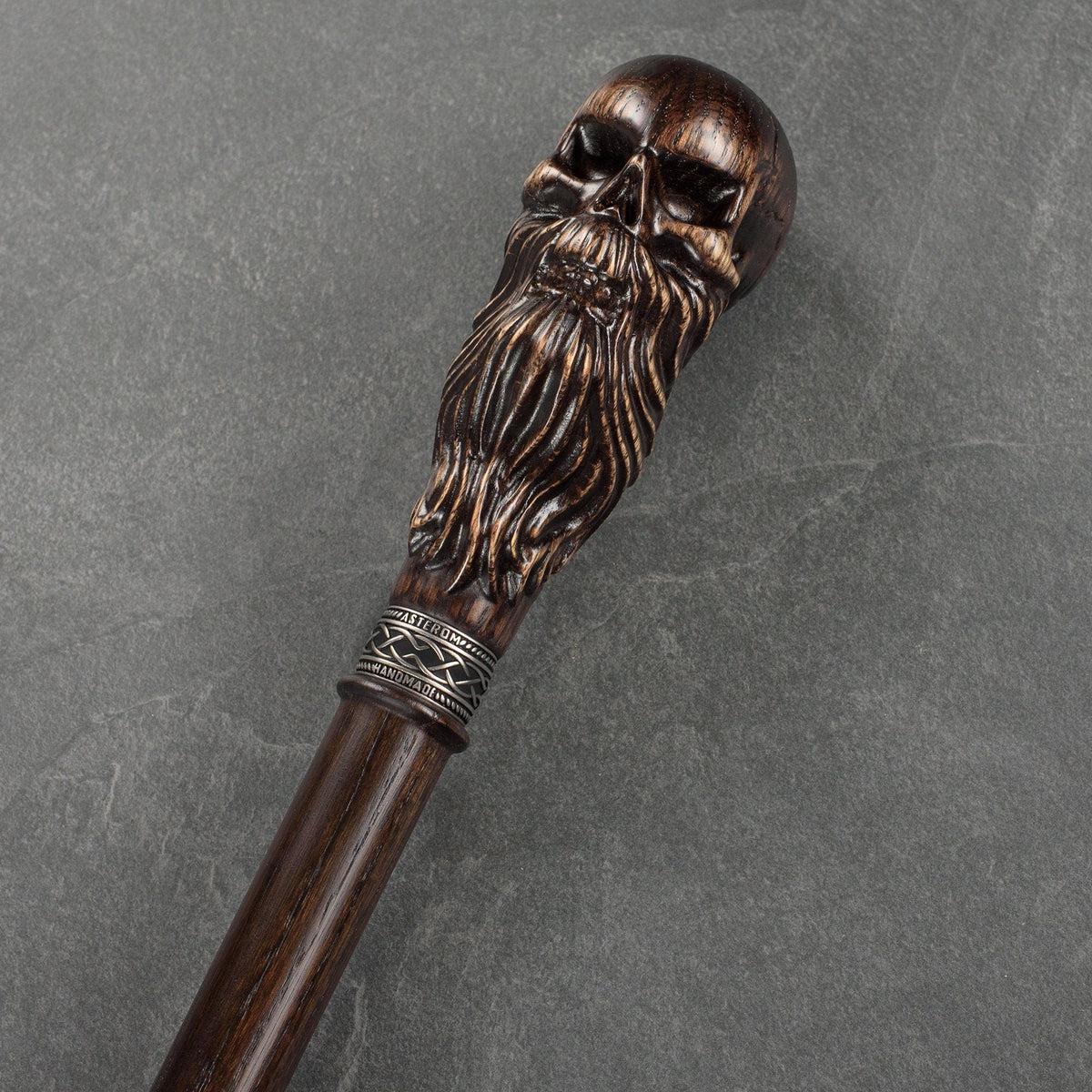 Hand Carved Solid Oak Bearded Skull Walking Cane or Stick