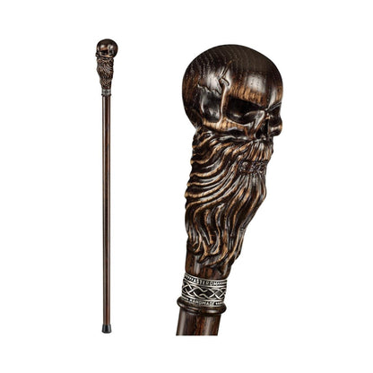 Hand Carved Solid Oak Bearded Skull Walking Cane or Stick