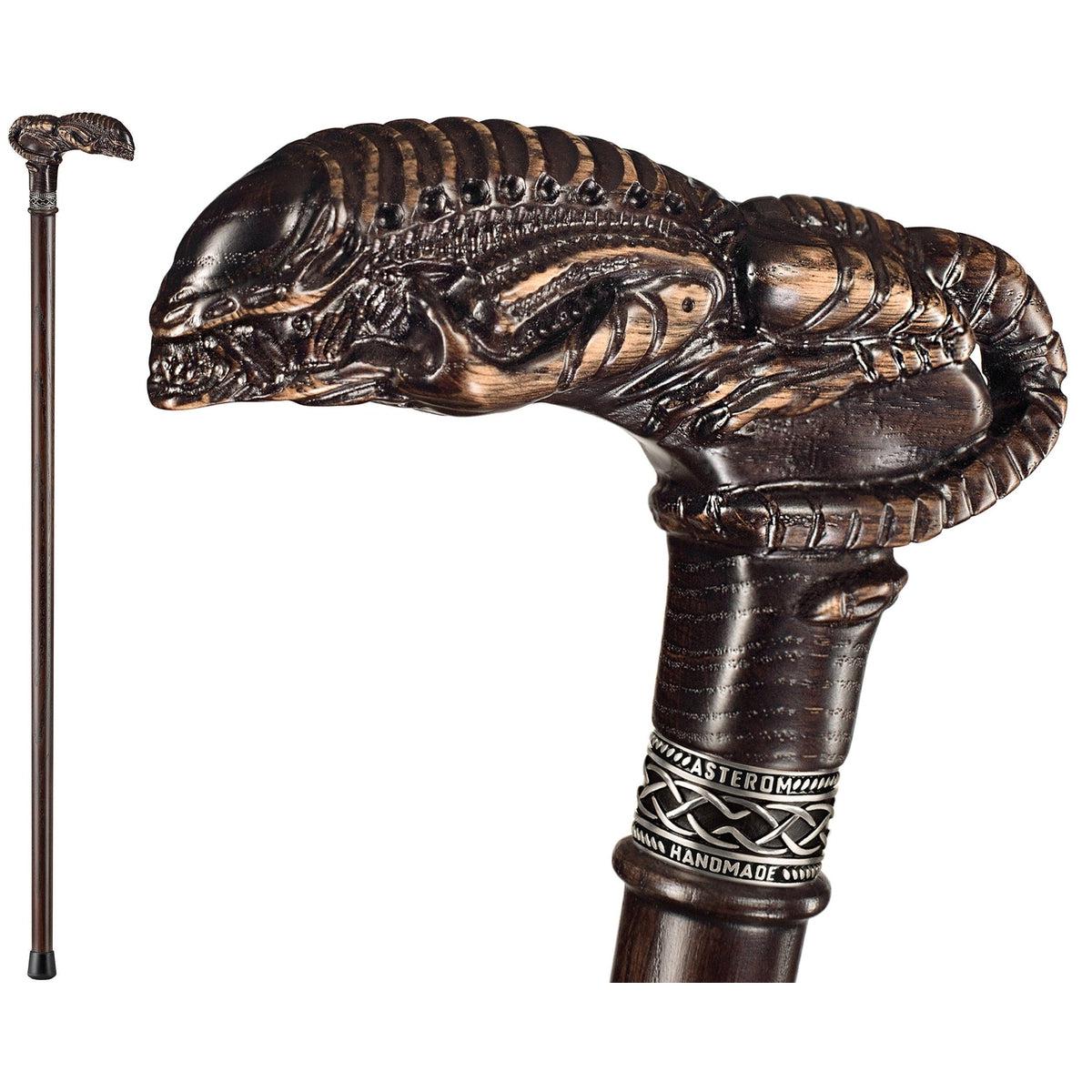 Hand Caved Unique Wooden Alien Cane or Walking Stick