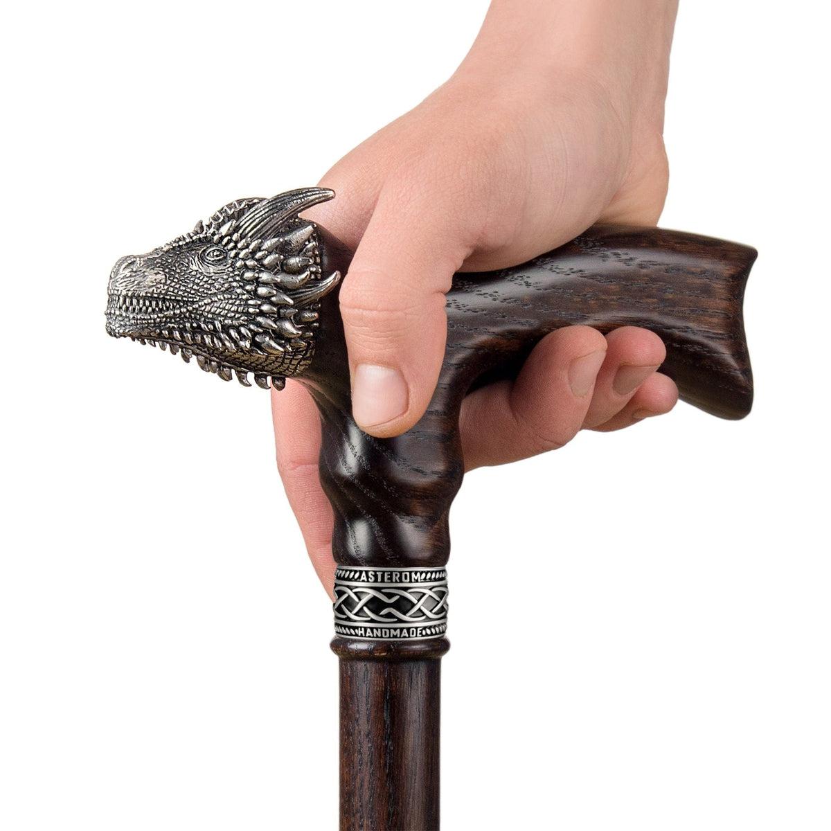 Solid Oak Hand Carved Dragon Cane or Walking Stick