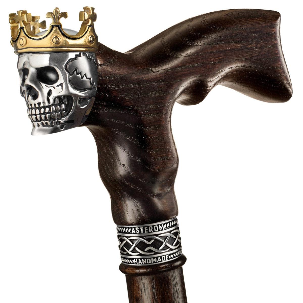 Solid Oak Hand Carved Skull Cane or Walking Stick With Crown
